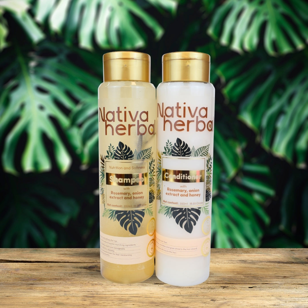 NATIVA HERBAL ONION, ROSEMARY SHAMPOO AND HAIR TREATMENT SET.