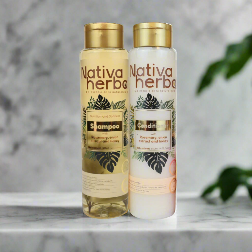 Two bottles of Nativa herba shampoo and conditione