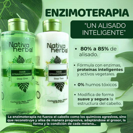 Nativa Herbal Enzimoterapia Hair Straightening Set 1000ml - Shampoo & Keratin Treatment with Rosemary Extracts for Smooth Straight Hair Care