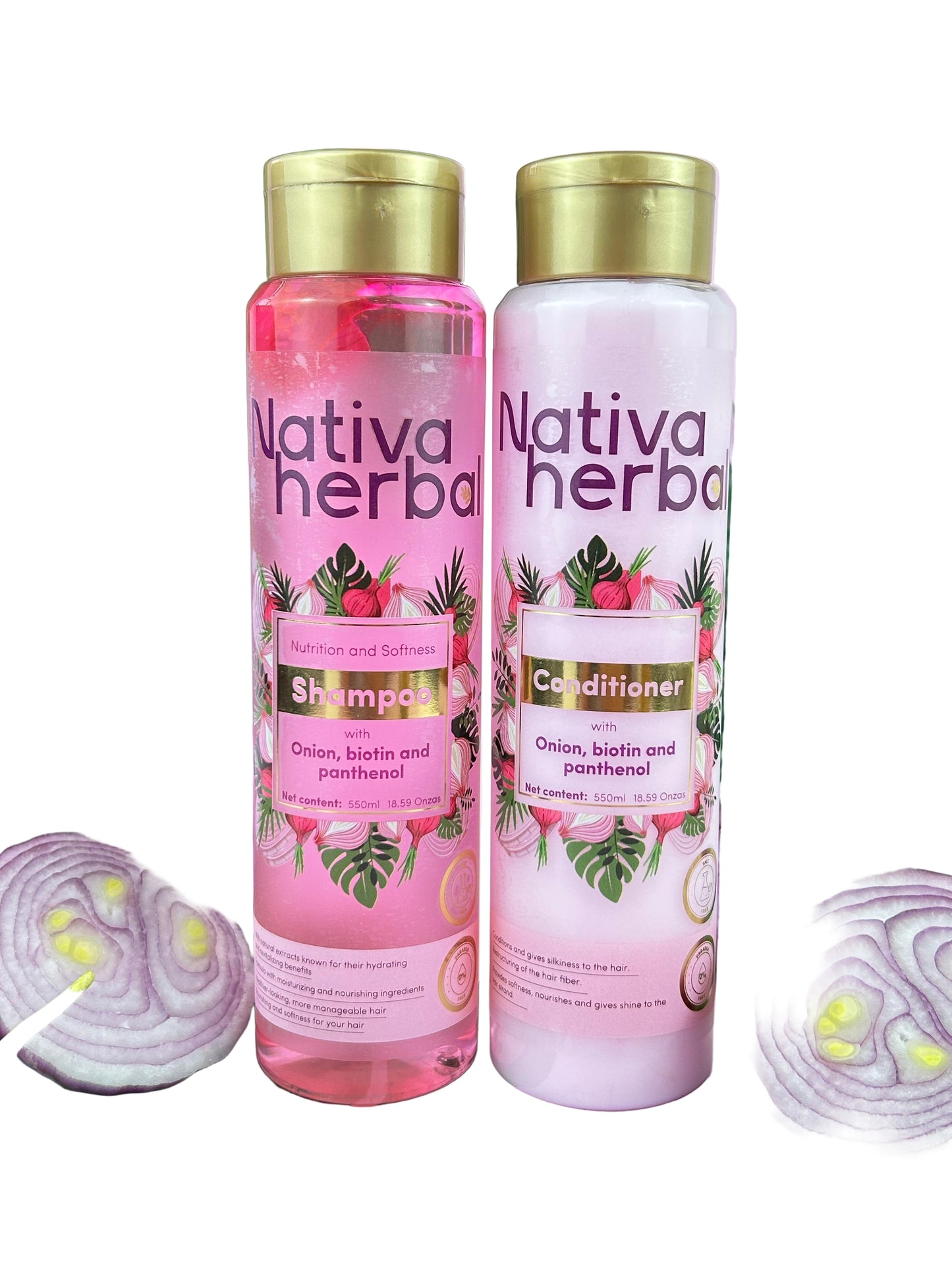 Nativa Herbal Onion Biotin & Panthenol Shampoo & Conditioner 18.5 Fl Oz 550 ml Daily Haircare System for Growth & Frizz Control