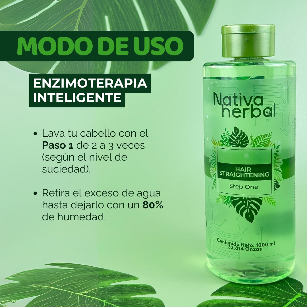 Nativa Herbal Enzimoterapia Hair Straightening Set 1000ml - Shampoo & Keratin Treatment with Rosemary Extracts for Smooth Straight Hair Care