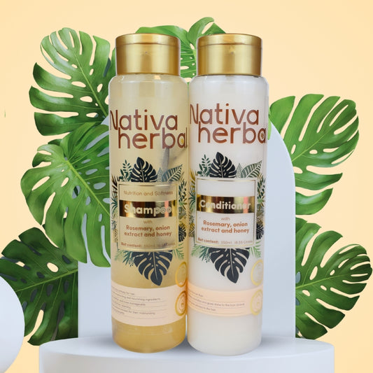 NATIVA HERBAL ONION, ROSEMARY SHAMPOO AND HAIR TREATMENT SET.
