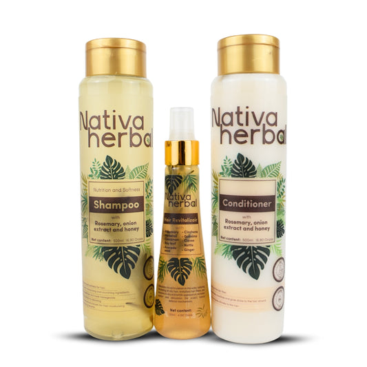 Nativa Herbal Anticaida Hair Loss Kit - Shampoo Conditioner & Tonic with Rosemary Onion Extract and Honey for Hair Care