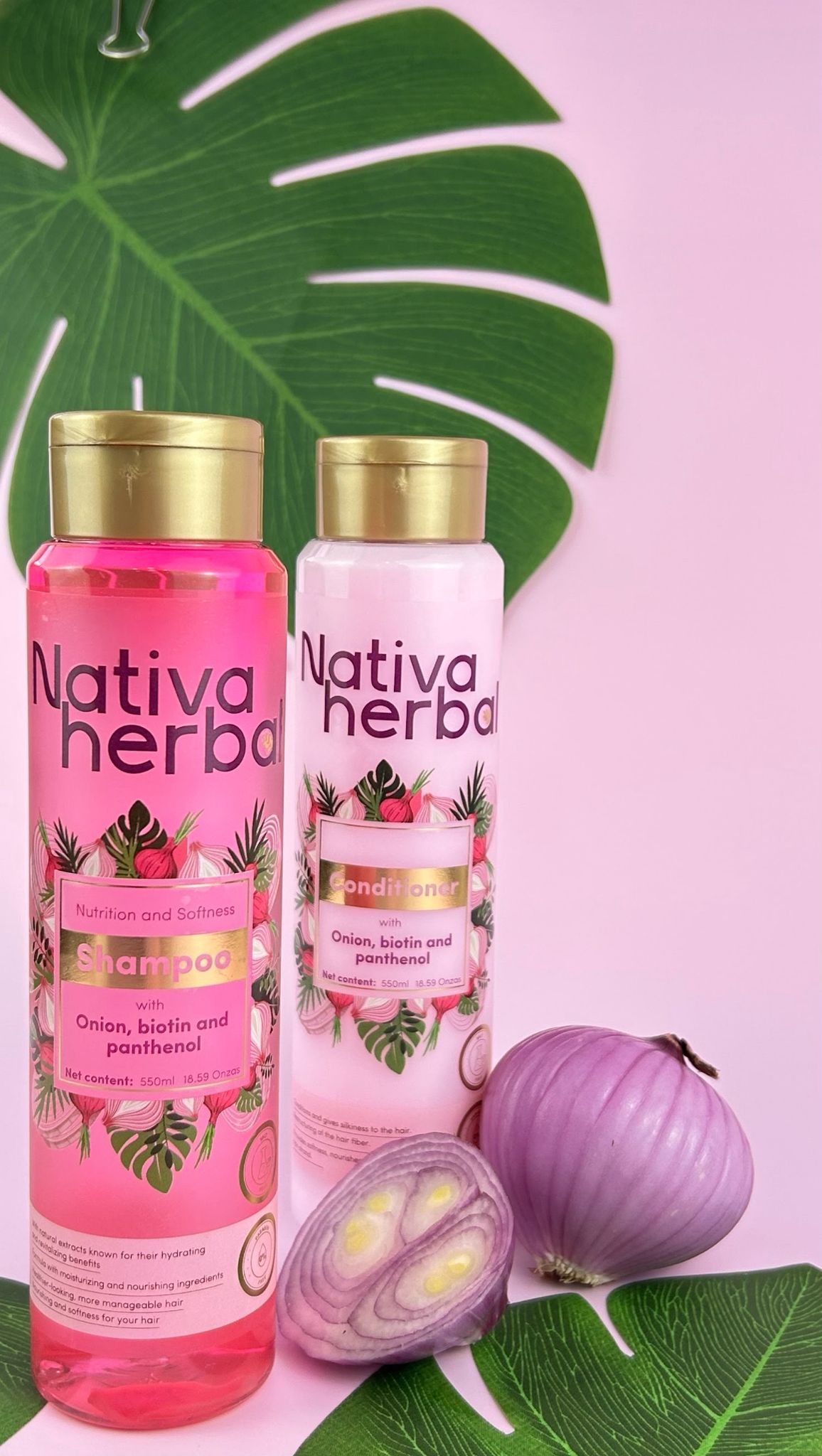 Nativa Herbal Onion Biotin & Panthenol Shampoo & Conditioner 18.5 Fl Oz 550 ml Daily Haircare System for Growth & Frizz Control