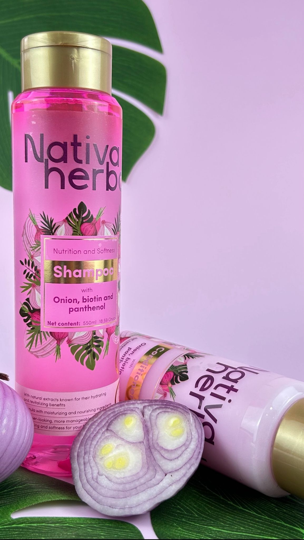 Nativa Herbal Onion Biotin & Panthenol Shampoo & Conditioner 18.5 Fl Oz 550 ml Daily Haircare System for Growth & Frizz Control