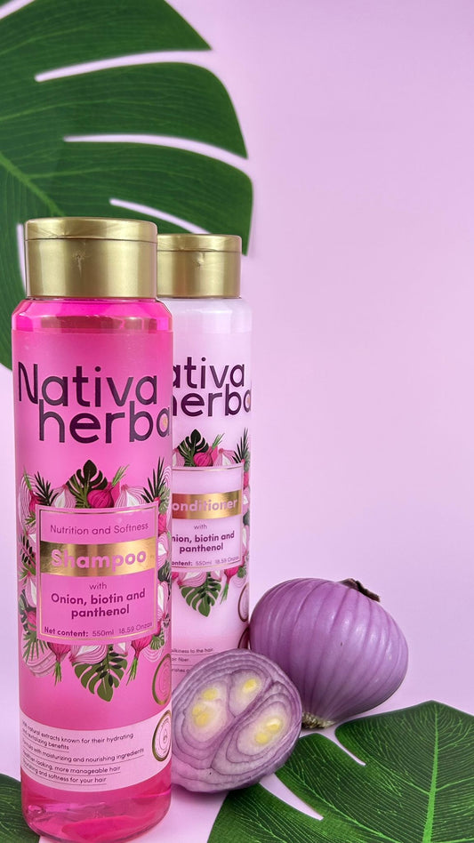 Nativa Herbal Onion Biotin & Panthenol Shampoo & Conditioner 18.5 Fl Oz 550 ml Daily Haircare System for Growth & Frizz Control