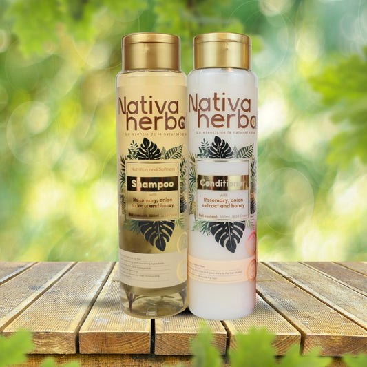 NATIVA HERBAL ONION, ROSEMARY SHAMPOO AND HAIR TREATMENT SET.
