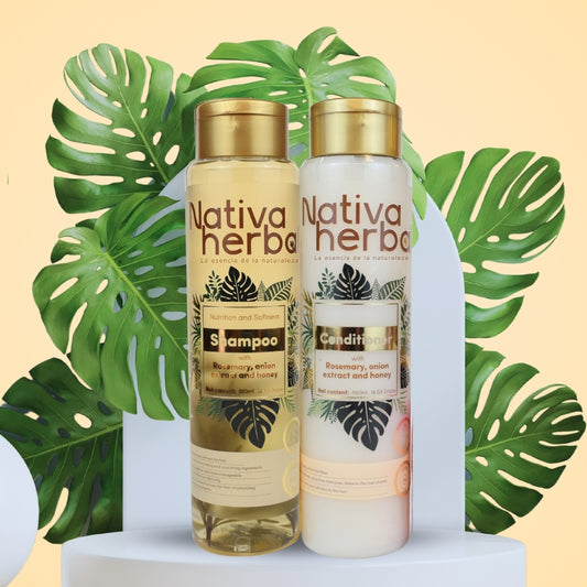 NATIVA HERBAL ONION, ROSEMARY SHAMPOO AND HAIR TREATMENT SET.