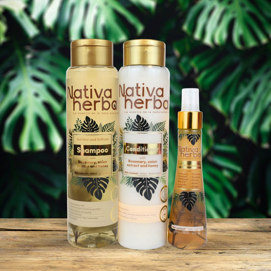 Nativa Herbal Anticaida Hair Loss Kit - Shampoo Conditioner & Tonic with Rosemary Onion Extract and Honey for Hair Care