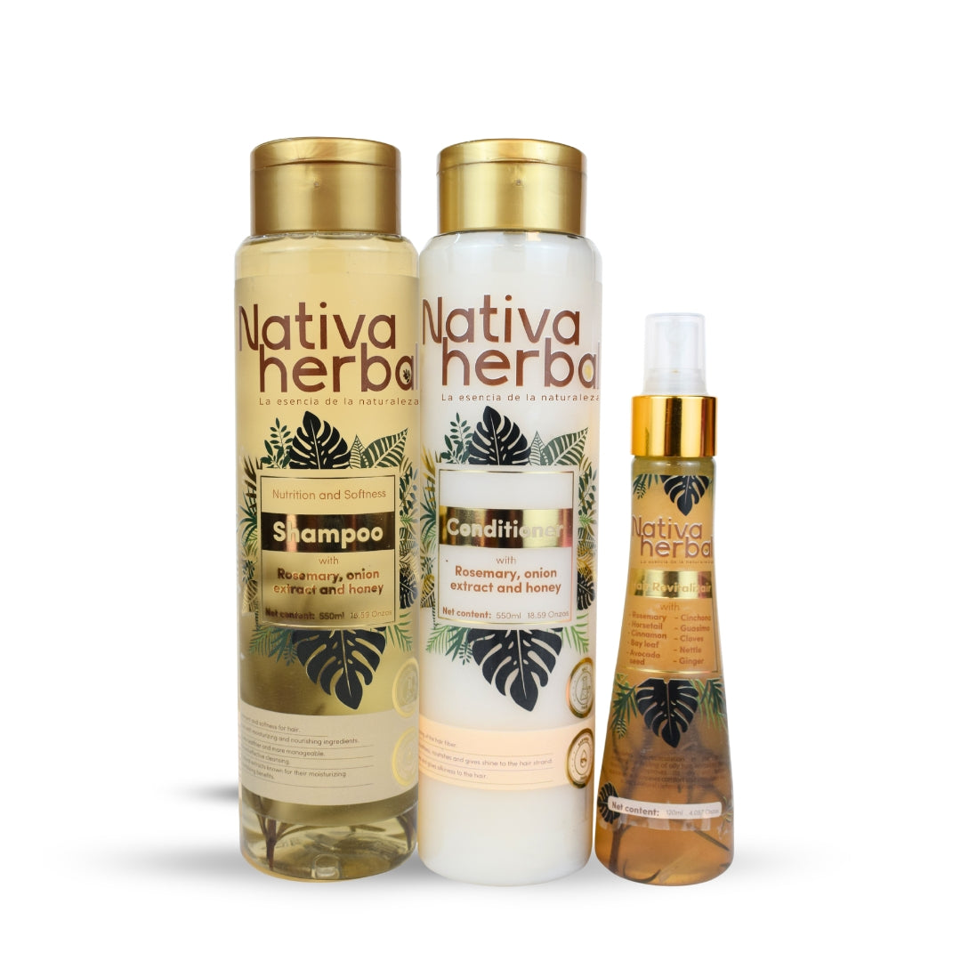 Nativa Herbal Anticaida Hair Loss Kit - Shampoo Conditioner & Tonic with Rosemary Onion Extract and Honey for Hair Care