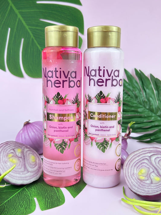Nativa Herbal Onion Biotin & Panthenol Shampoo & Conditioner 18.5 Fl Oz 550 ml Daily Haircare System for Growth & Frizz Control