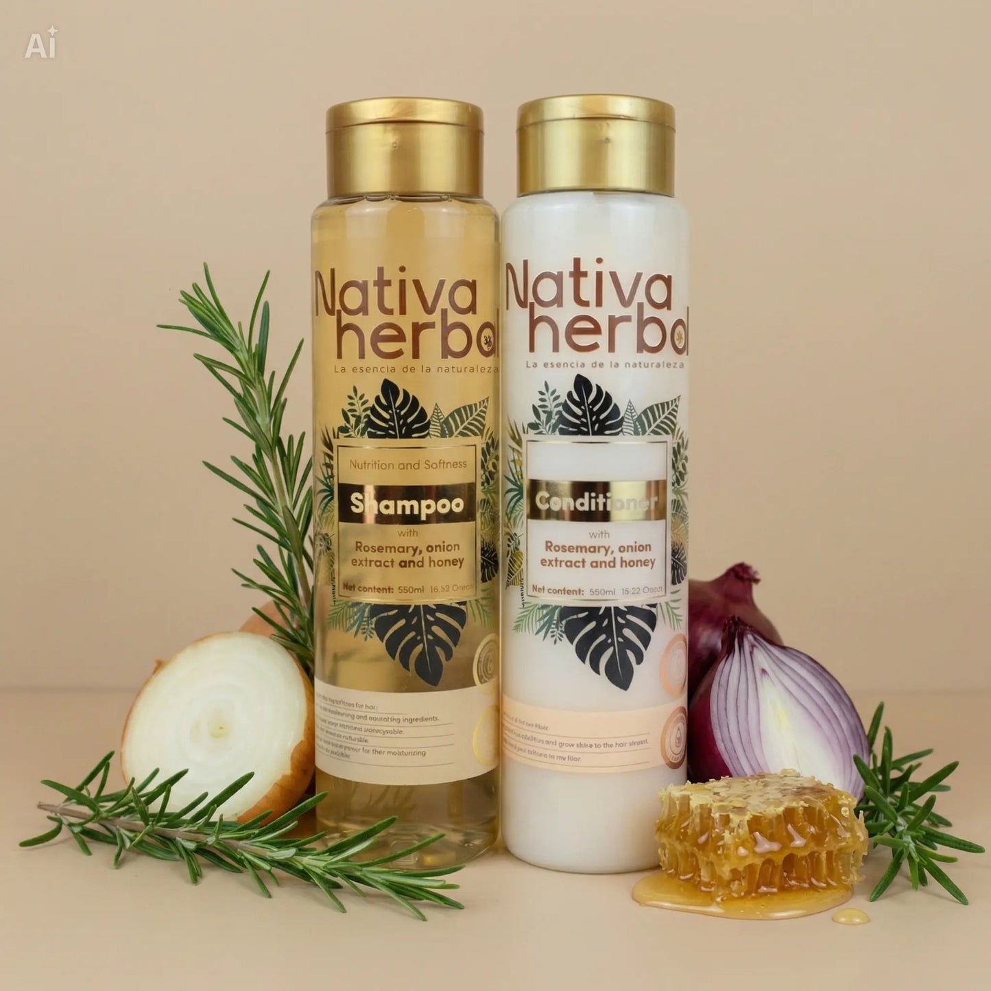 Nativa Herbal Rosemary Onion Shampoo and Conditioner Set 550ml.